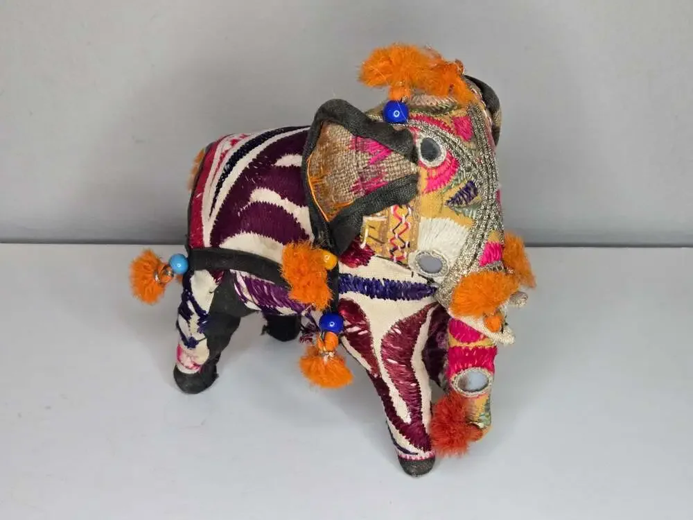 Vintage Handcrafted Indian Folk Art Patchwork Embroidered Beaded Elephant Figure
